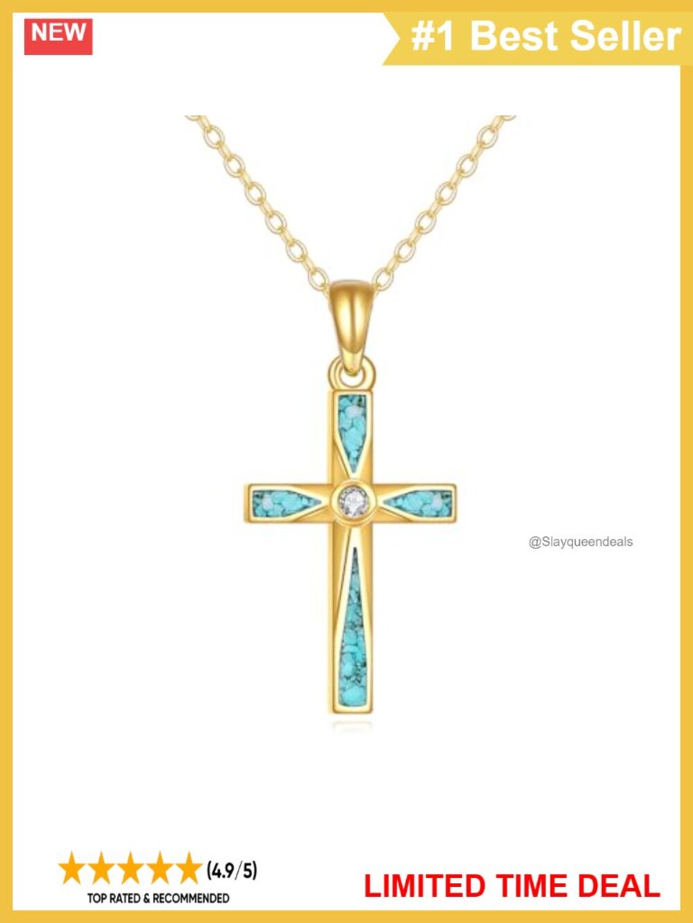 14K Real Gold Turquoise Cross Pendant Necklace Rolo Chain Christian Jewelry